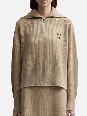 MAISON KITSUNE Cropped Half-Zip Turtleneck Sweater in Camel